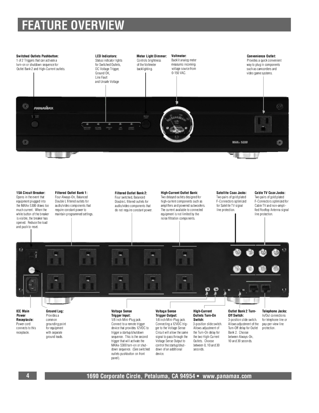 Panamax 5300 owner manual Feature Overview, Switched Outlets Pushbutton LED Indicators 