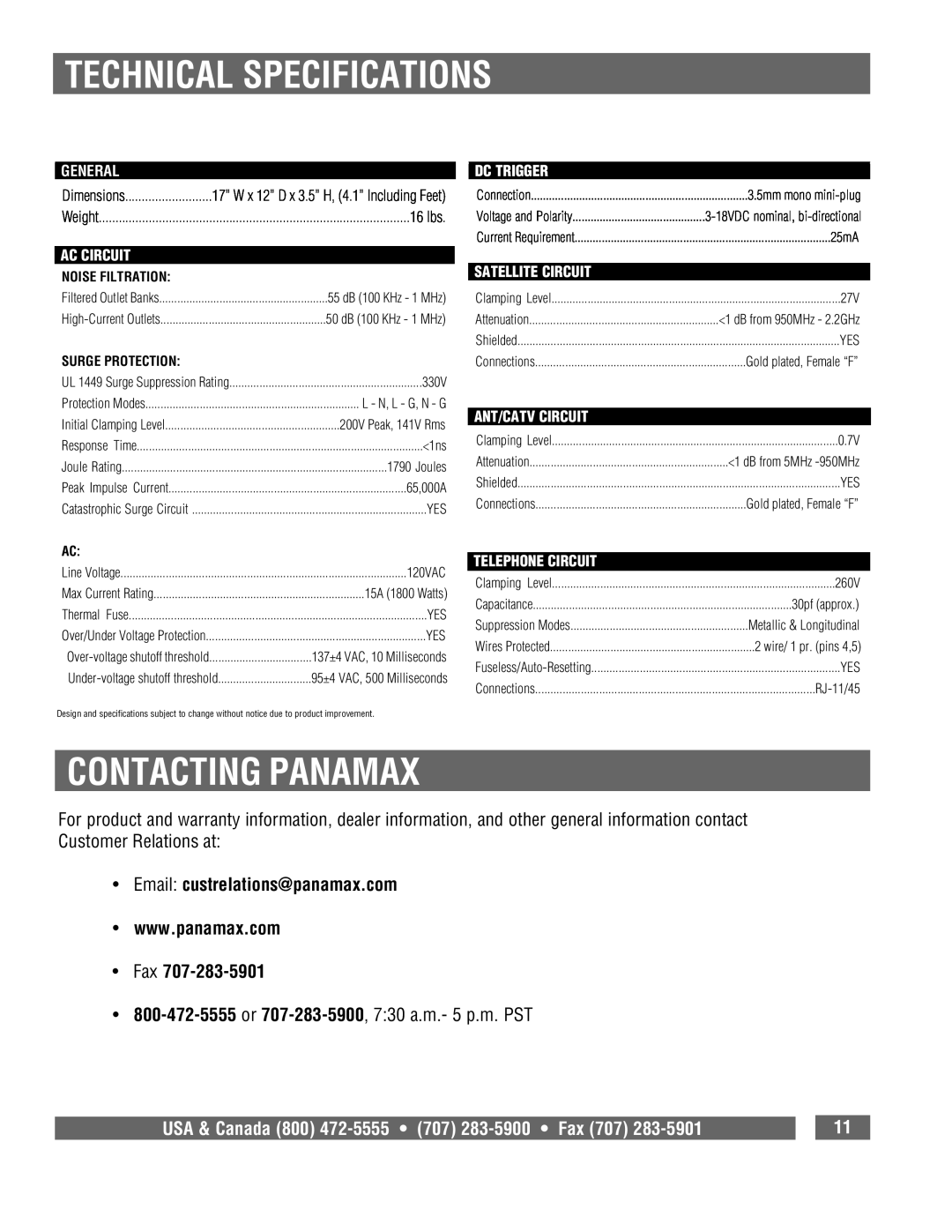 Panamax 5300 owner manual Technical Specifications, Contacting Panamax, USA & Canada 800 472-5555 707 283-5900 Fax 