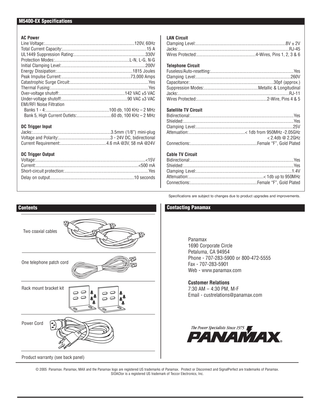 Panamax M5400-EX Specifications, Contents, Contacting Panamax, Panamax 1690 Corporate Circle Petaluma, CA, AC Power 