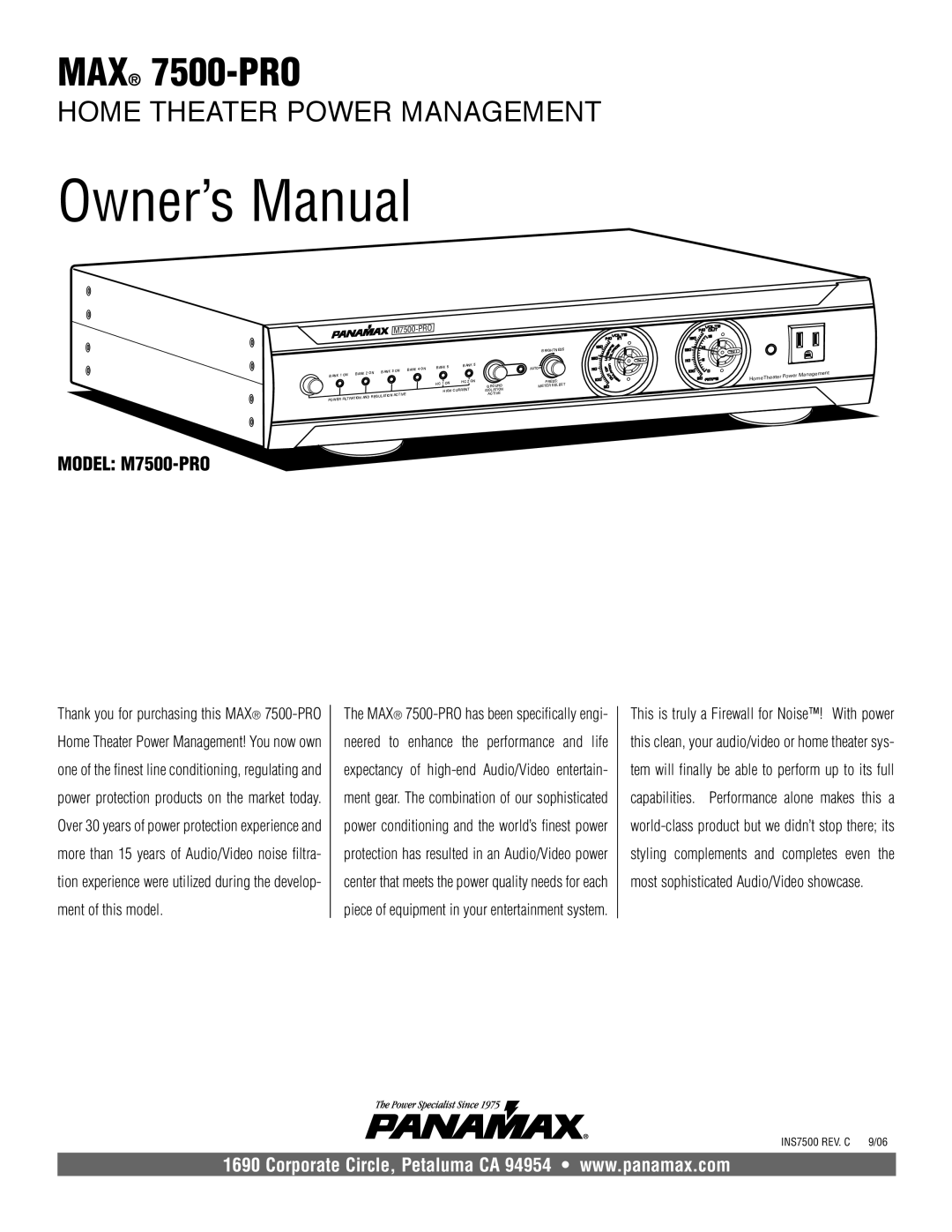 Panamax owner manual MAX 7500-PRO 