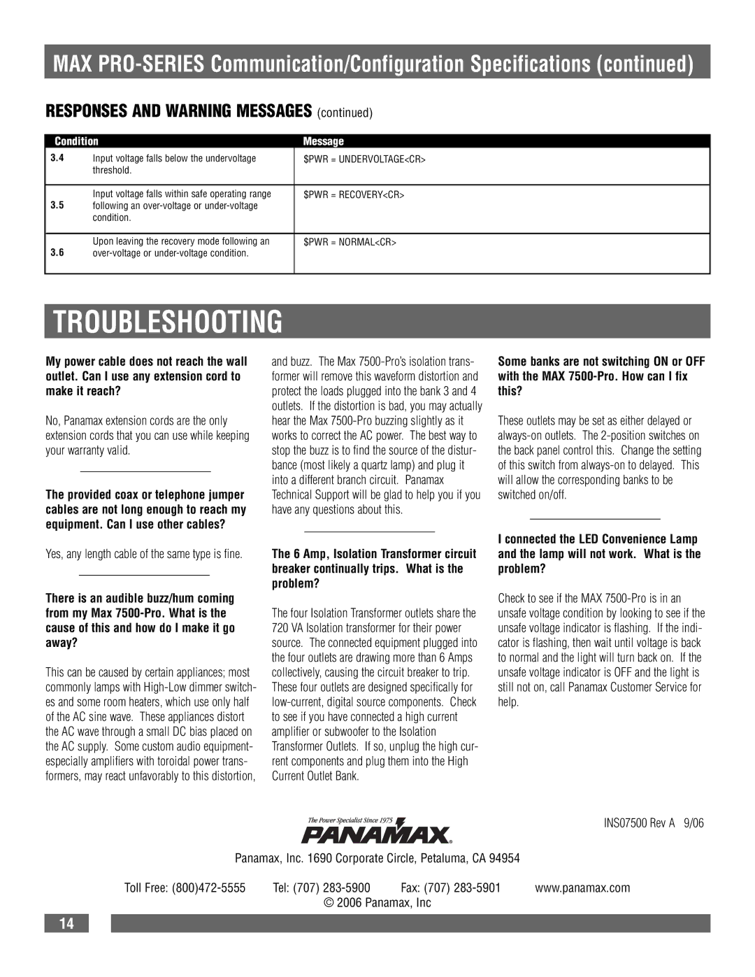 Panamax 7500-PRO owner manual Troubleshooting, Condition Message, $PWR = Undervoltagecr, $PWR = Recoverycr 