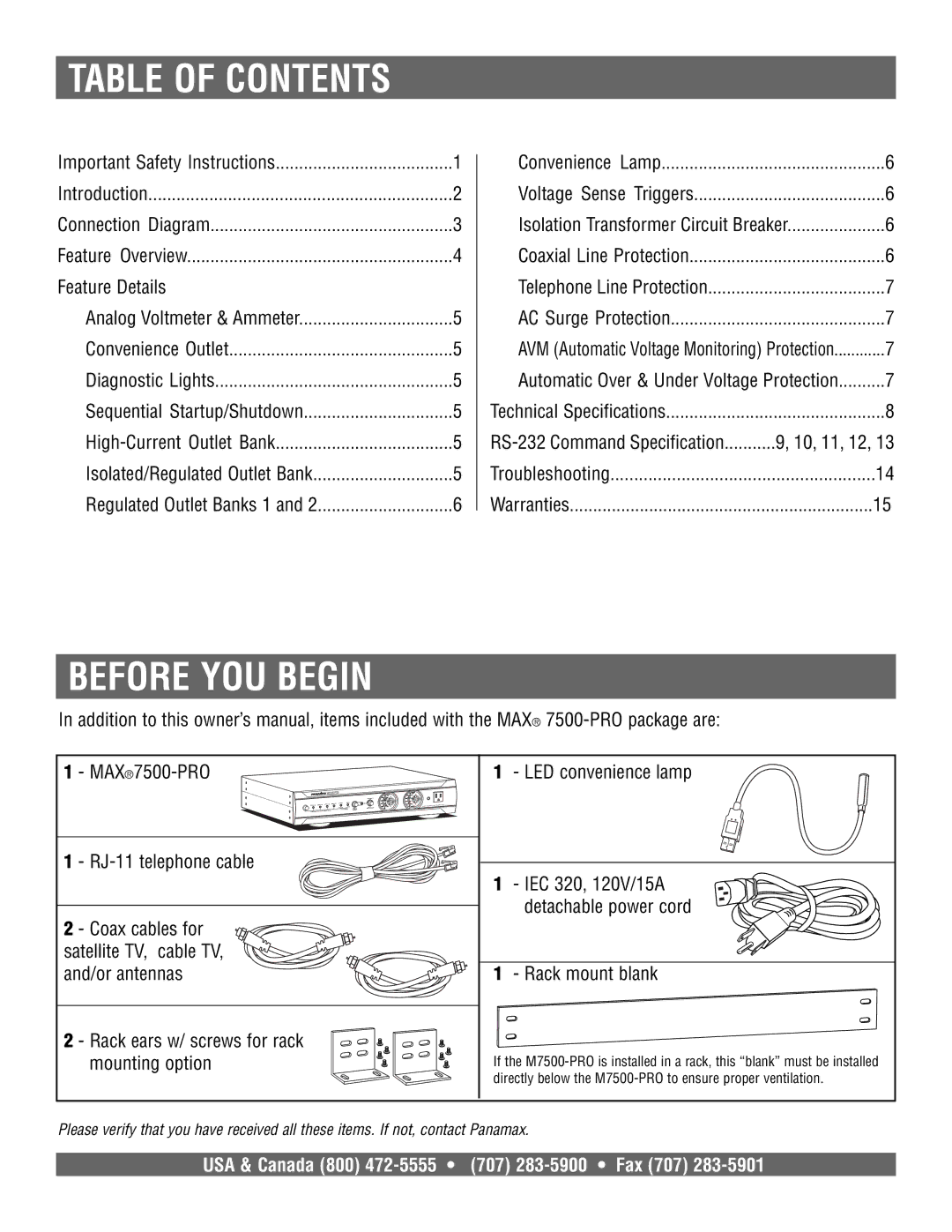 Panamax 7500-PRO owner manual Table of Contents, Before YOU Begin 