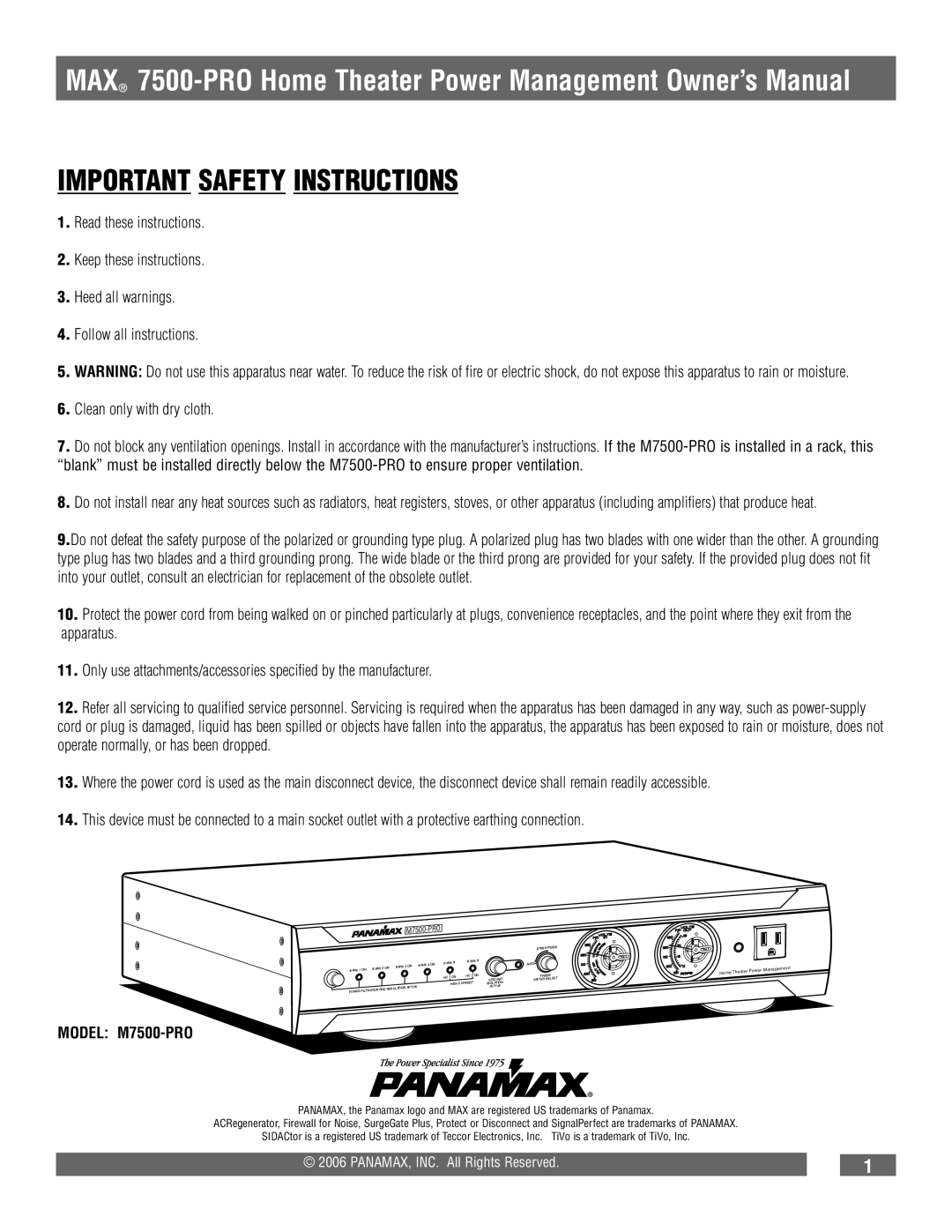 Panamax 7500-PRO owner manual Important Safety Instructions 