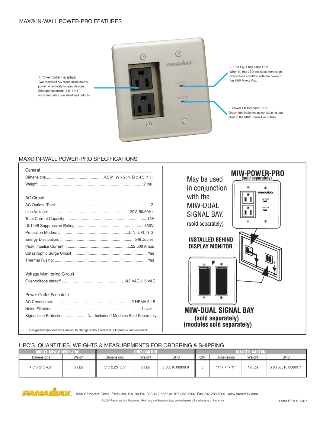 Panamax In-Wall Home Theater Power Management warranty MAX IN-WALL POWER-PRO Features, MAX IN-WALL POWER-PRO Specifications 