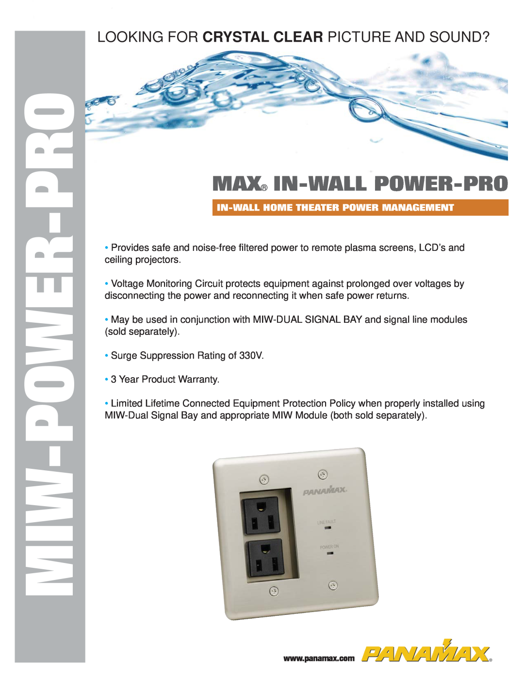 Panamax In-Wall Home Theater Power Management warranty Miw-Power-Pro, Max In-Wall Power-Pro 