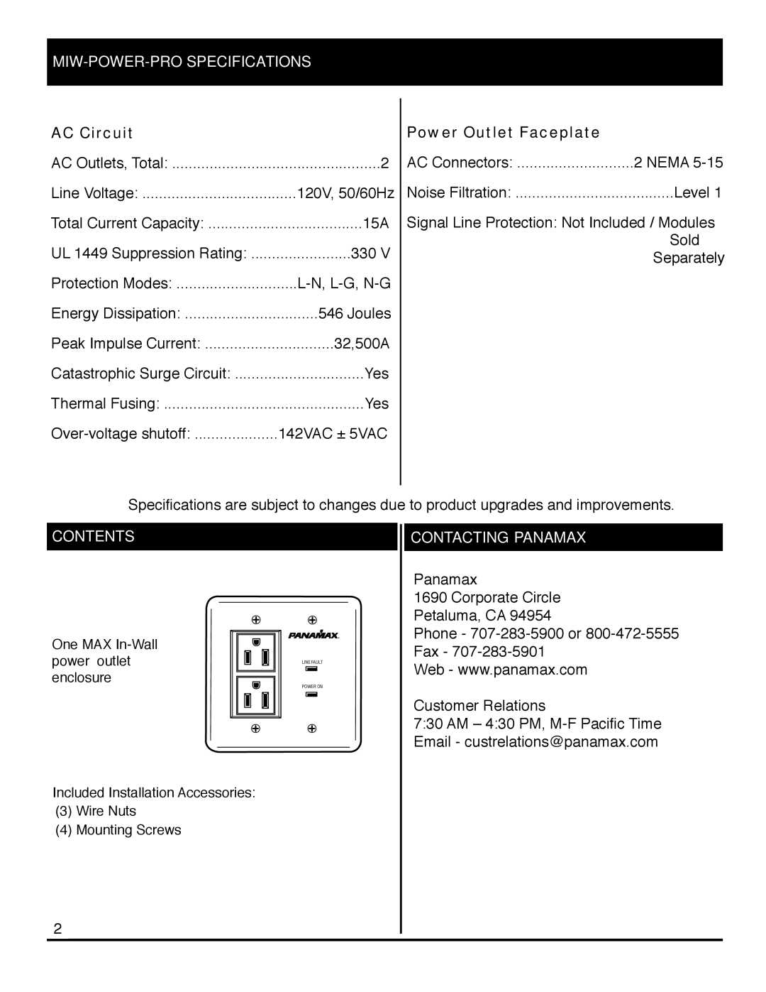 Panamax INS00809 installation instructions MIW-POWER-PRO Specifications, Contents, Contacting Panamax 