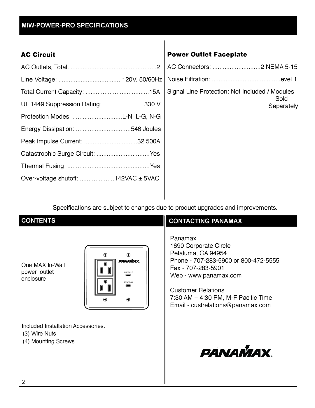 Panamax INS00809 Miw-Power-Pro Specifications, AC Circuit, Power Outlet Faceplate, Contents, Contacting Panamax 