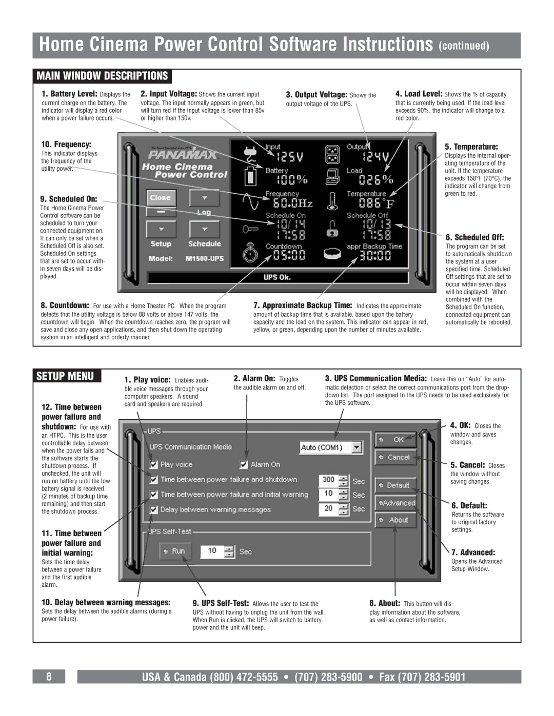 Panamax M1500-UPS owner manual Main Window Descriptions, Setup Menu 