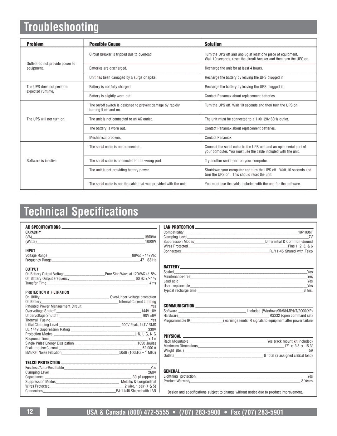 Panamax M1500-UPS owner manual Troubleshooting, Technical Specifications, Problem Possible Cause Solution 