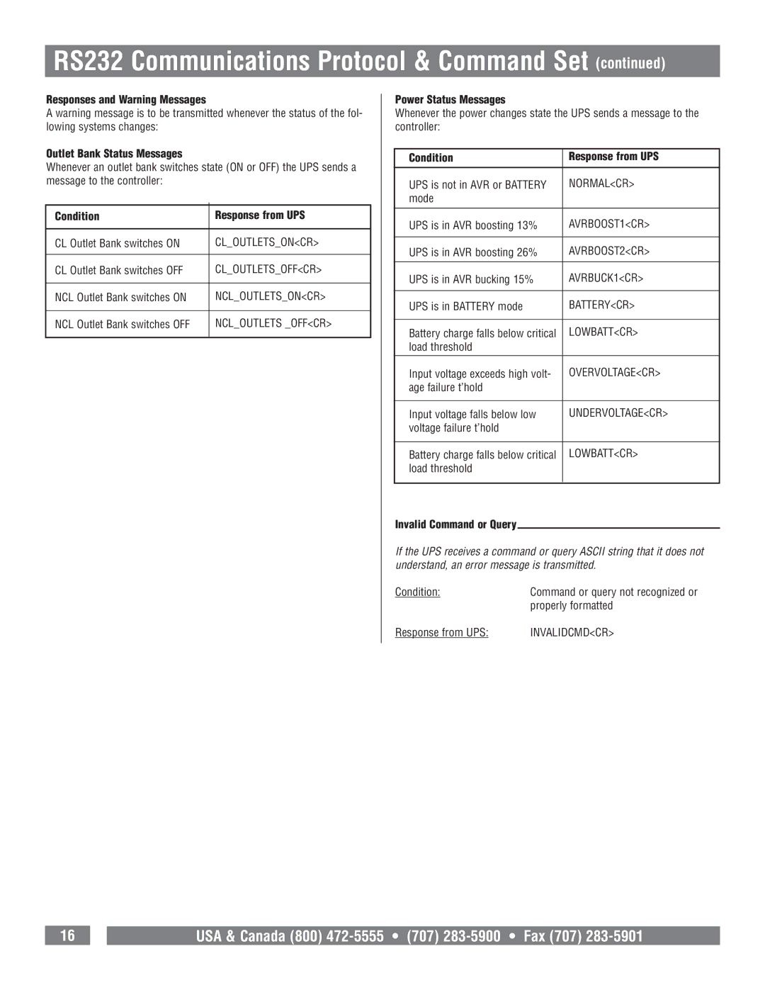 Panamax M1500-UPS owner manual Responses and Warning Messages Outlet Bank Status Messages, Condition Response from UPS 