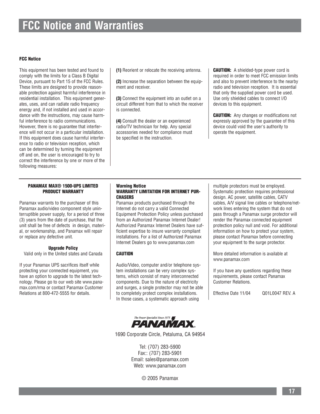 Panamax M1500-UPS owner manual FCC Notice and Warranties, Upgrade Policy 