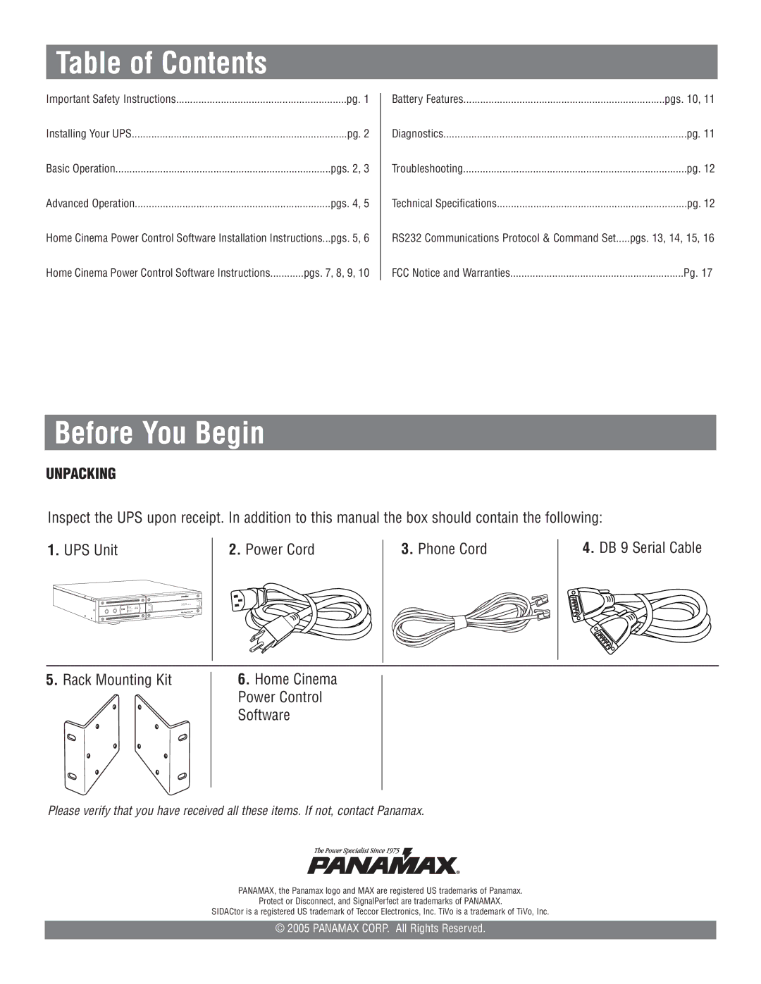 Panamax M1500-UPS owner manual Table of Contents, Before You Begin 