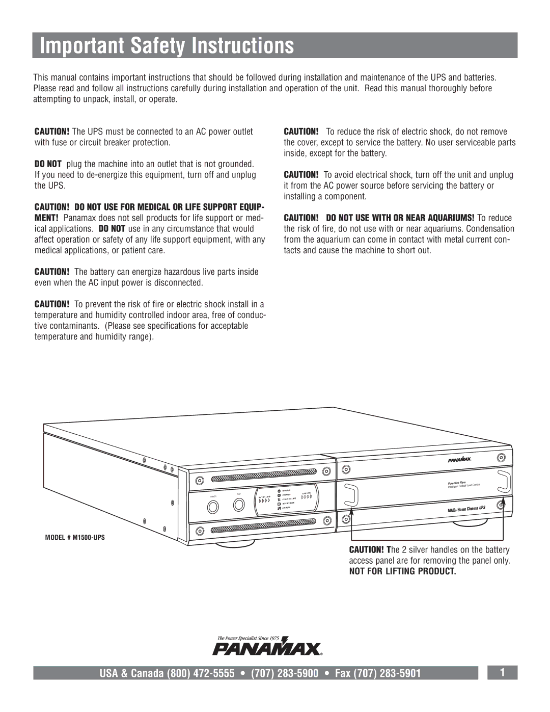 Panamax owner manual Important Safety Instructions, Model # M1500-UPS 