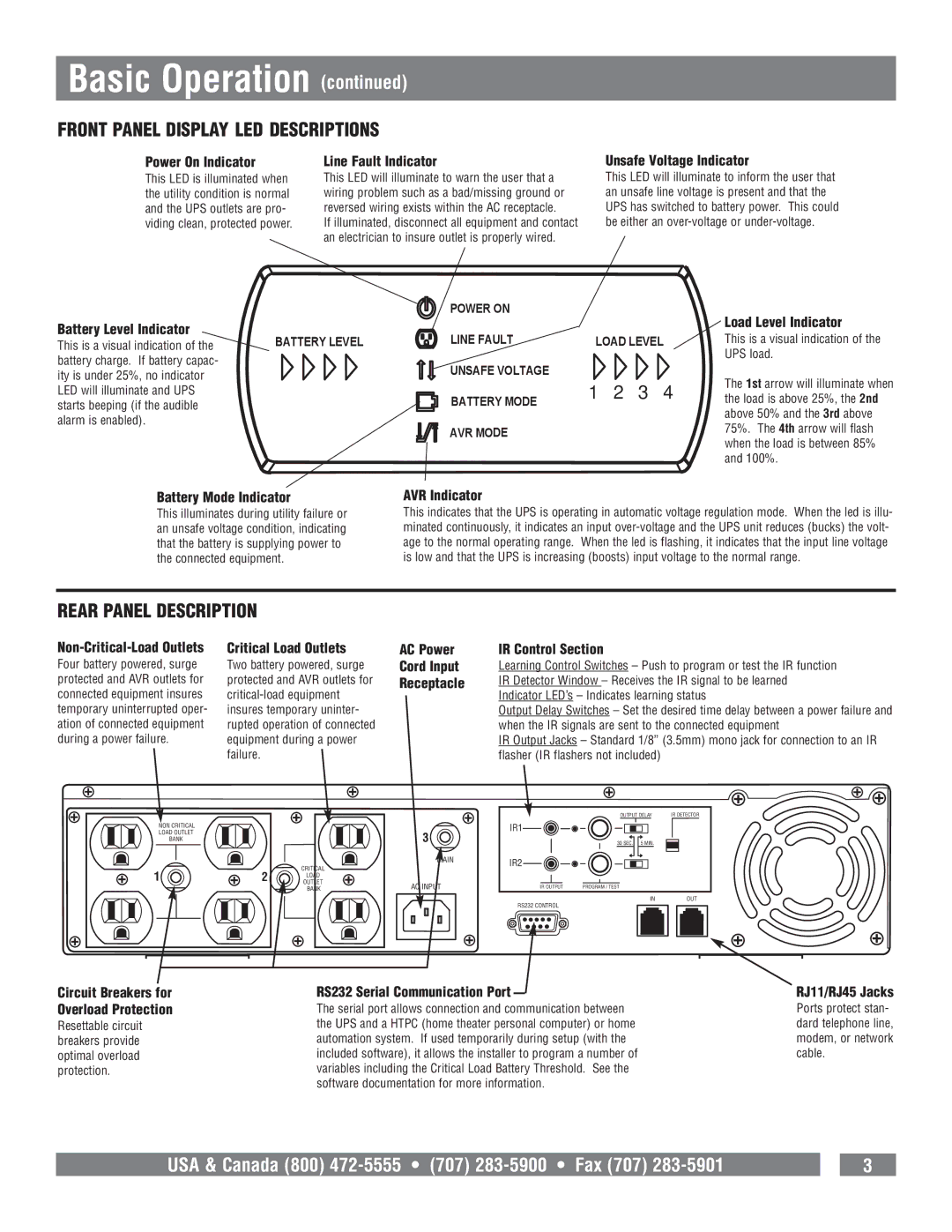 Panamax M1500-UPS owner manual Front Panel Display LED Descriptions, Rear Panel Description 