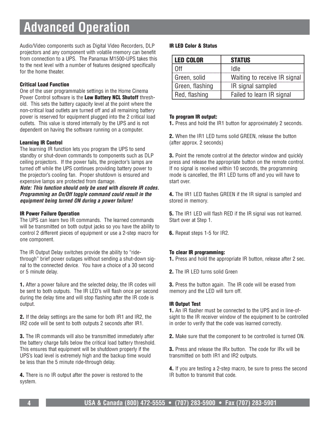 Panamax M1500-UPS owner manual Advanced Operation, LED Color Status 