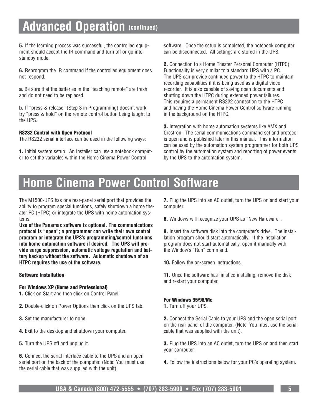 Panamax M1500-UPS owner manual Home Cinema Power Control Software, RS232 Control with Open Protocol, For Windows 95/98/Me 