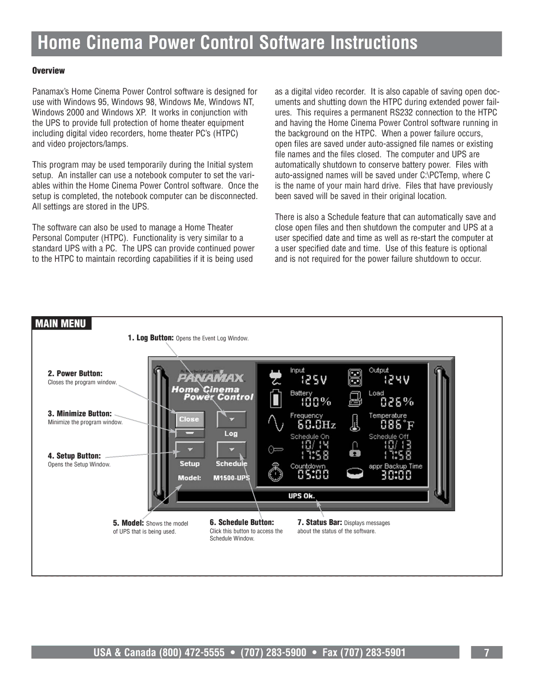 Panamax M1500-UPS owner manual Home Cinema Power Control Software Instructions, Main Menu, Overview 