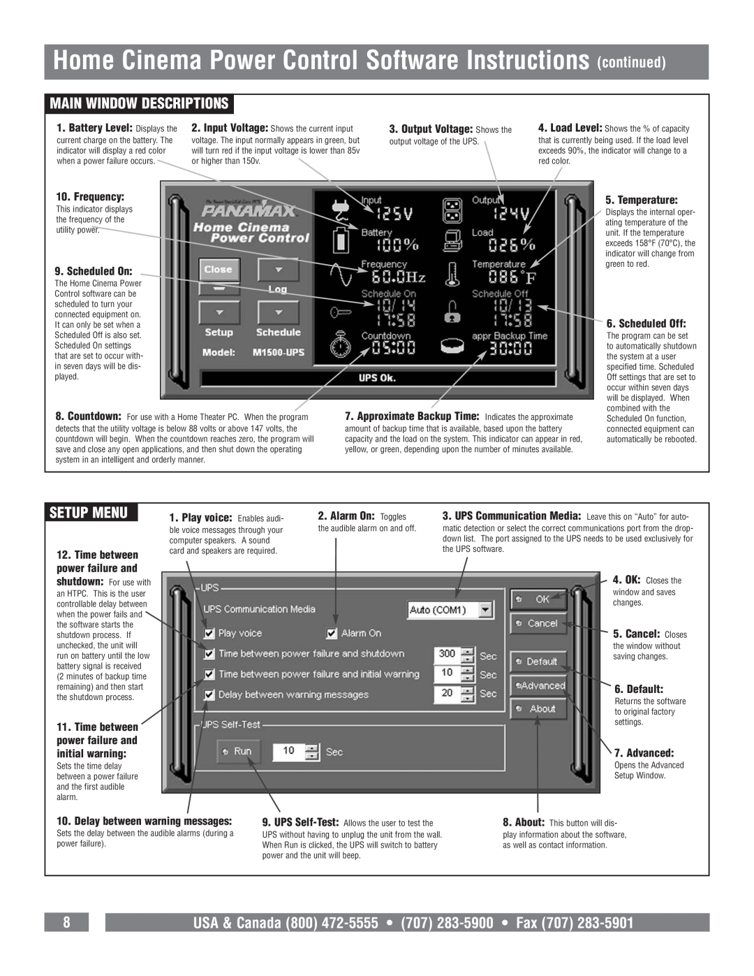 Panamax M1500-UPS Home Cinema Power Control Software Instructions continued, Main Window Descriptions, Setup Menu, Default 