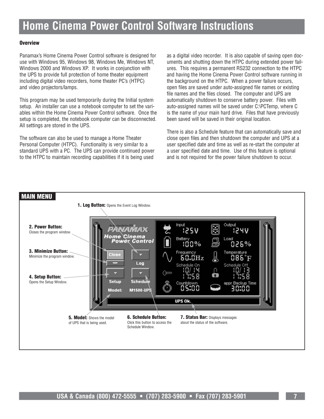 Panamax M1500-UPS Home Cinema Power Control Software Instructions, Main Menu, Overview, Power Button, Minimize Button 