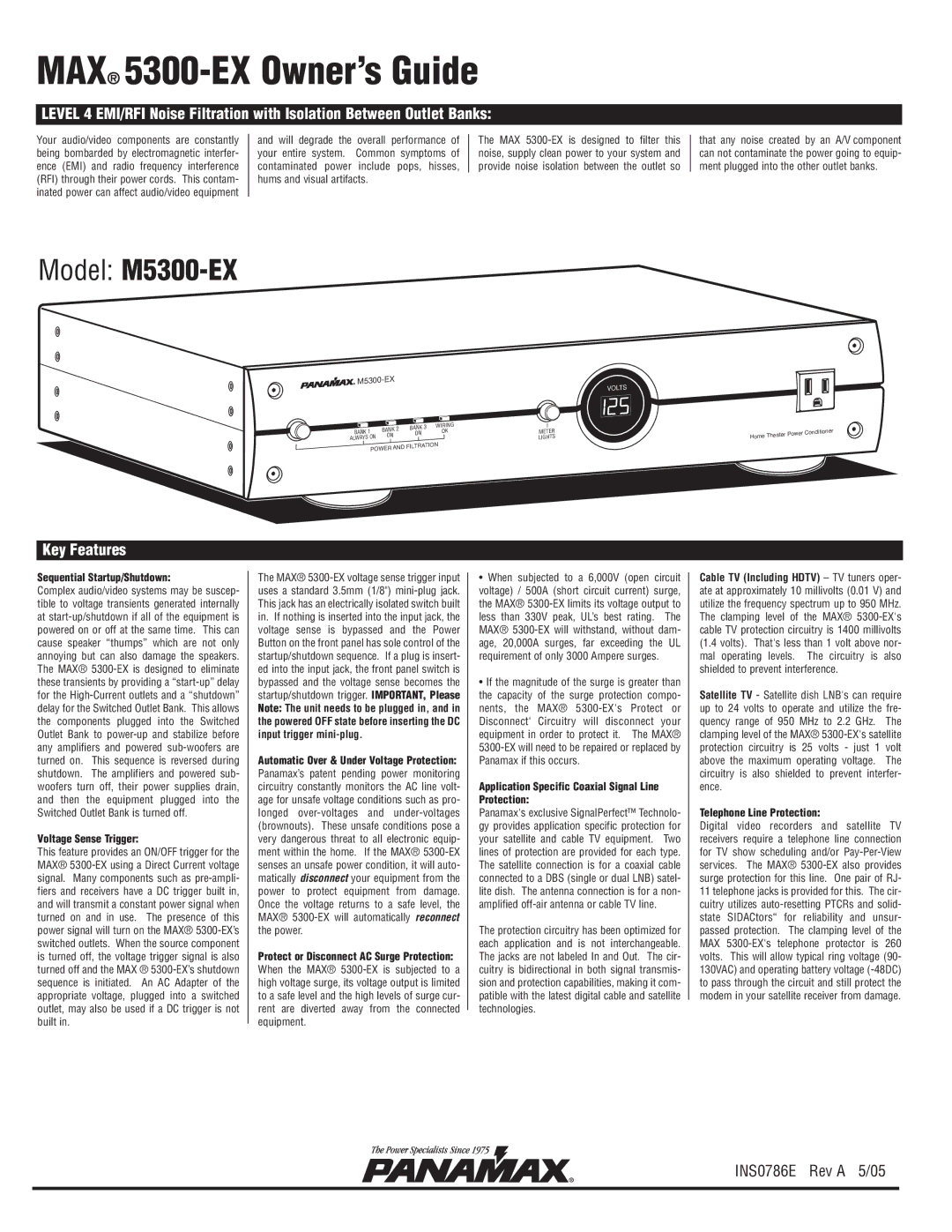 Panamax M5300-EX manual Key Features, Sequential Startup/Shutdown, Voltage Sense Trigger, Telephone Line Protection 