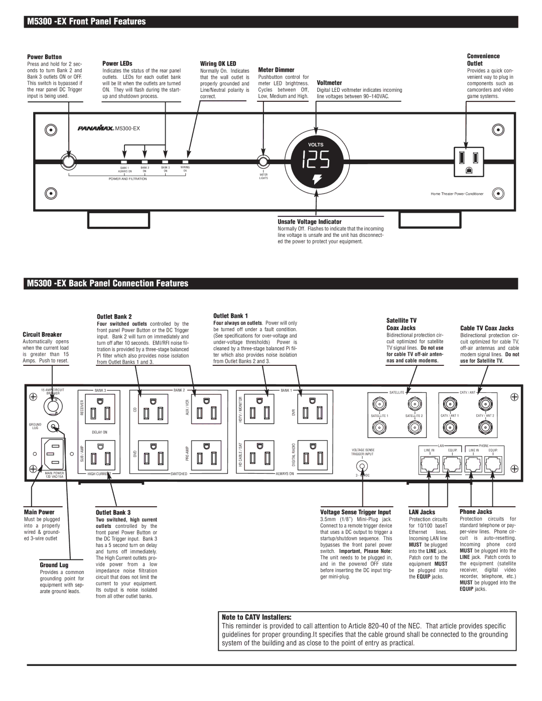 Panamax M5300-EX manual M5300 -EX Front Panel Features, M5300 -EX Back Panel Connection Features 