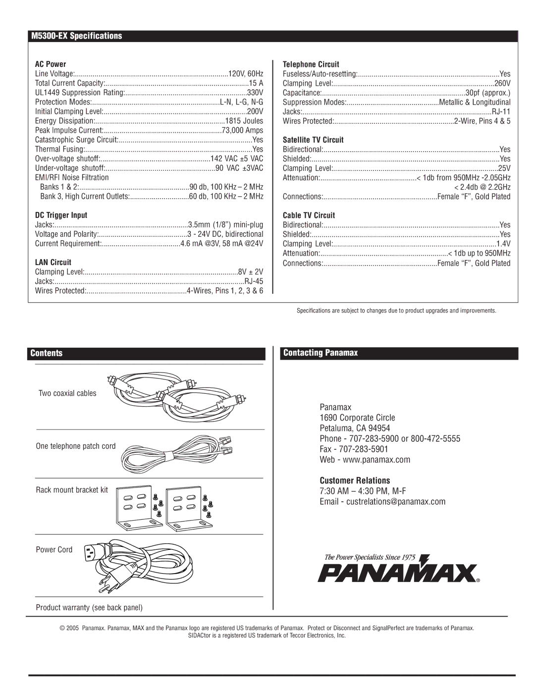 Panamax manual M5300-EX Specifications, Contents, Contacting Panamax 