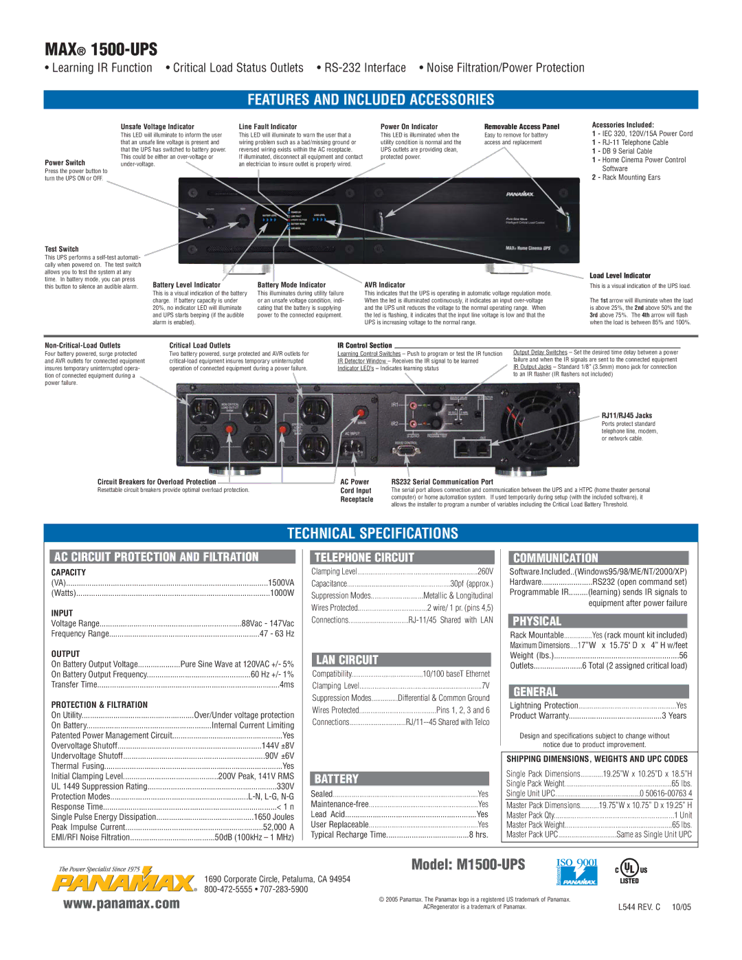 Panamax MAX 1500-UPS AC Circuit Protection and Filtration, Telephone Circuit, LAN Circuit, Battery, Communication, General 