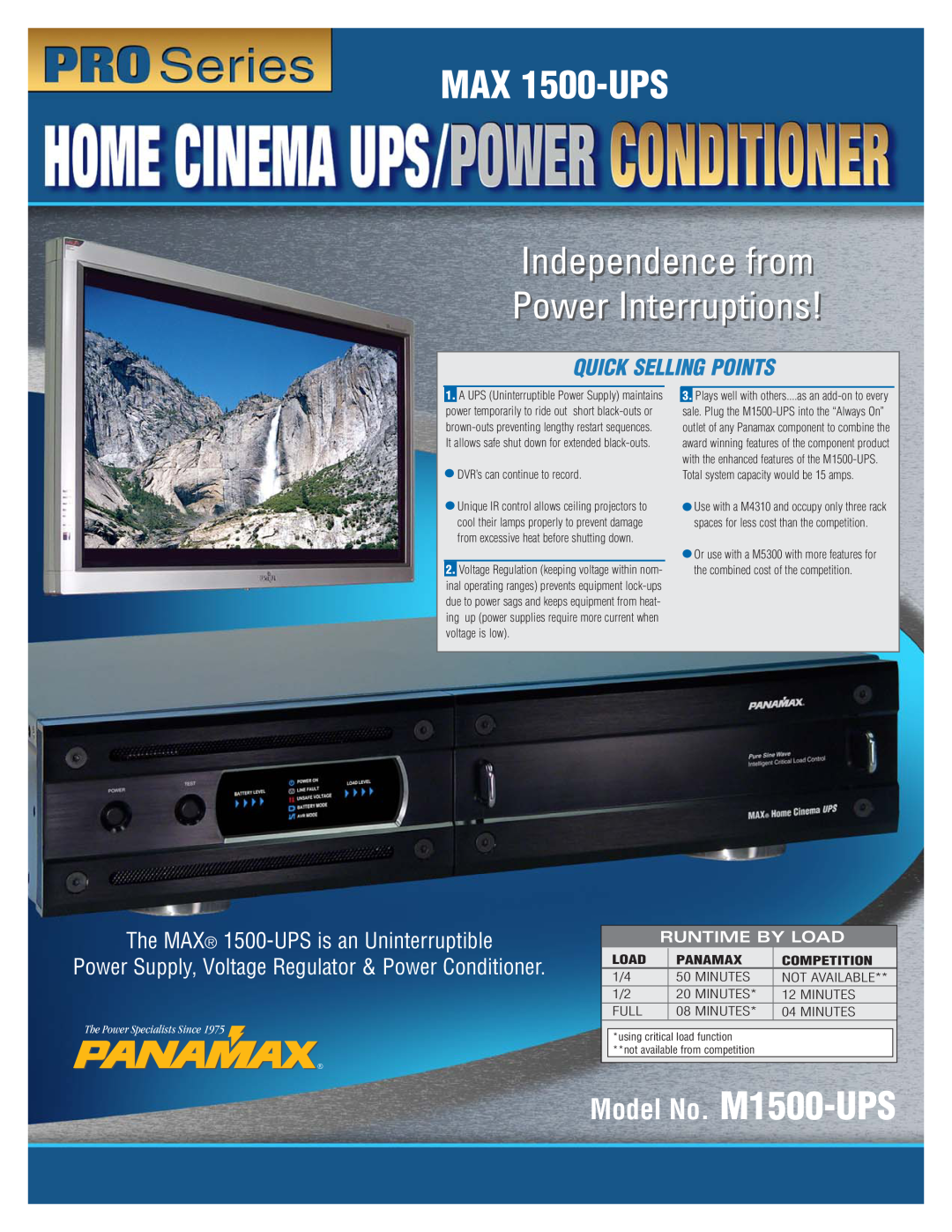 Panamax MAX 1500-UPS manual Independence from Power Interruptions, Model No. M1500-UPS, Quick Selling Points, Load, Full 