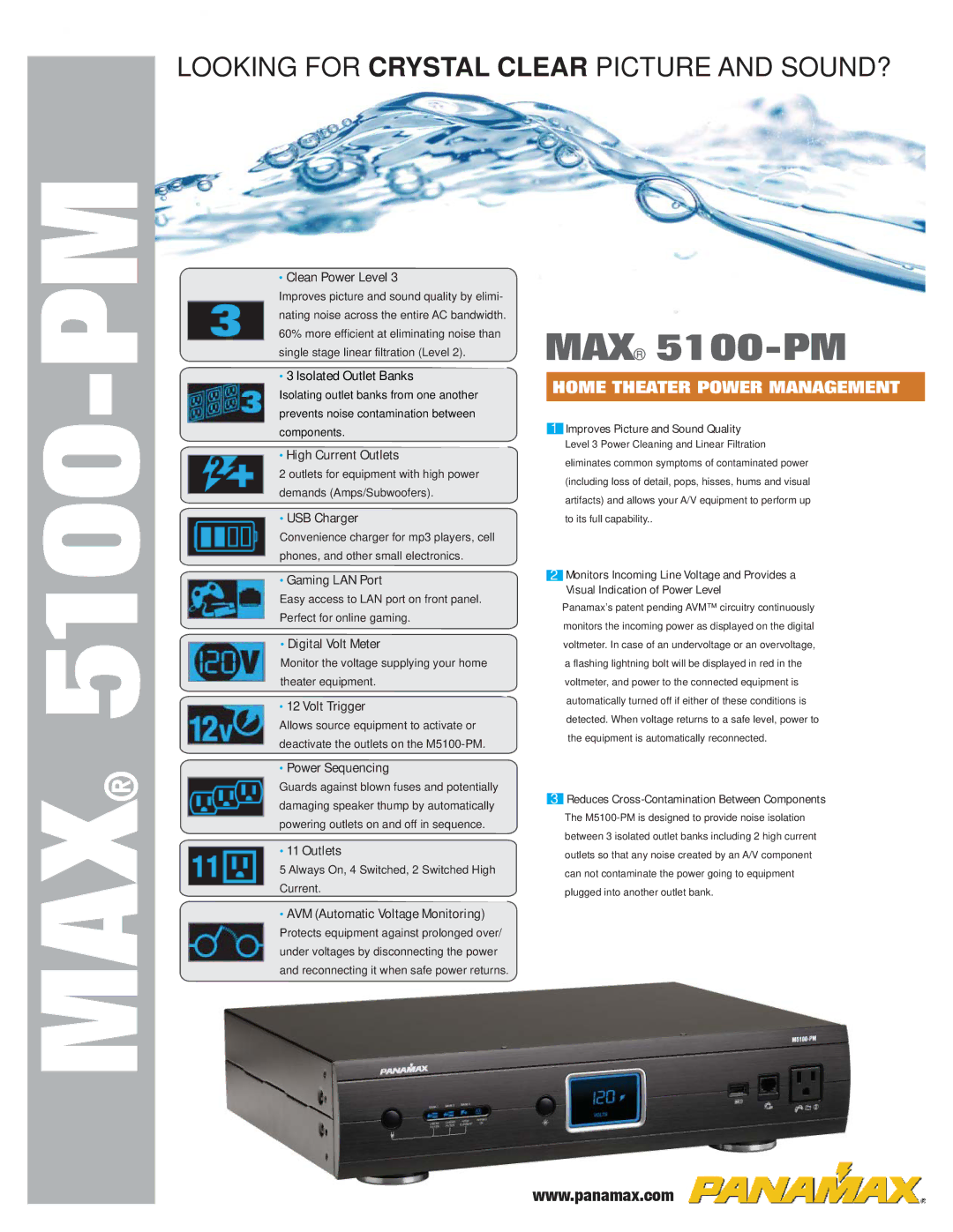 Panamax MAX 5100-PM manual Clean Power Level, High Current Outlets, USB Charger, Gaming LAN Port, Digital Volt Meter 