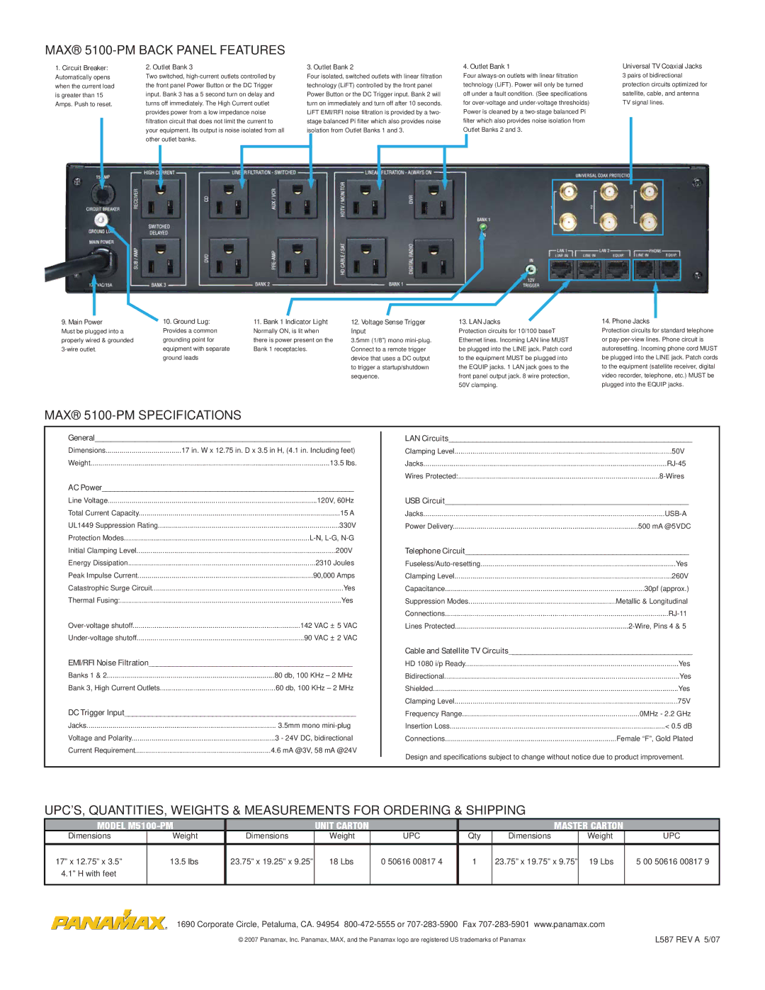 Panamax manual MAX 5100-PM Back Panel Features, MAX 5100-PM Specifications 