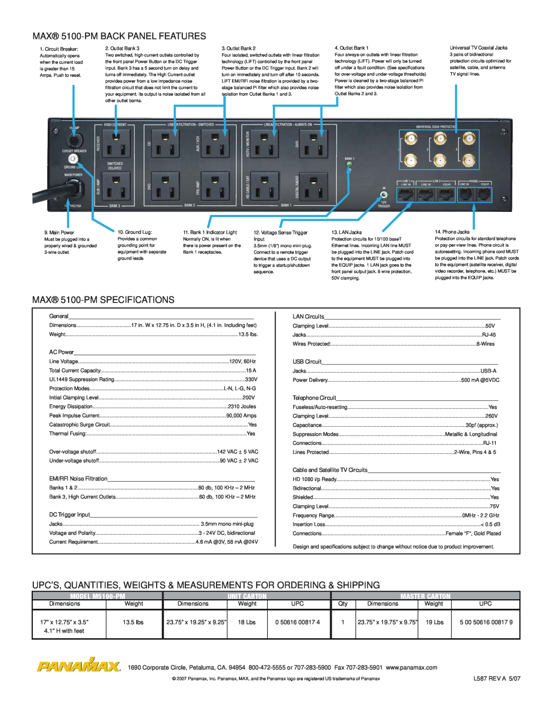Panamax manual MAX 5100-PMBACK PANEL FEATURES, MAX 5100-PMSPECIFICATIONS, MODEL M5100-PM, 18 Lbs, 4.1” H with feet 