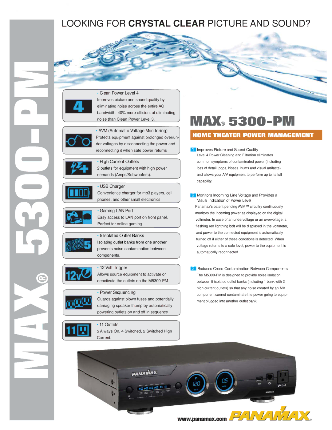 Panamax MAX 5300-PM manual Clean Power Level, AVM Automatic Voltage Monitoring, High Current Outlets, USB Charger 