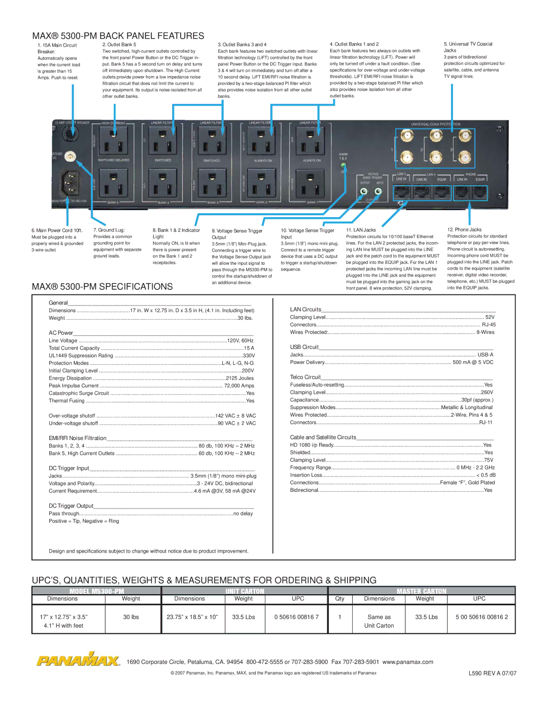 Panamax MAX 5300-PM manual General, AC Power, EMI/RFI Noise Filtration, DC Trigger Input, DC Trigger Output, LAN Circuits 