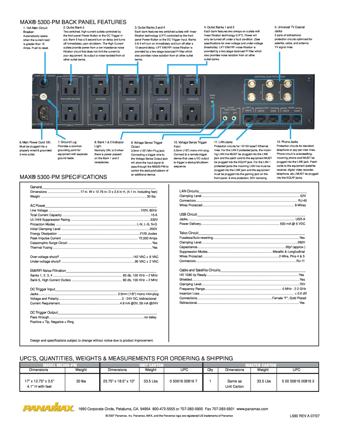 Panamax manual MAX 5300-PMBACK PANEL FEATURES, MAX 5300-PMSPECIFICATIONS, MODEL M5300-PM, Same as, 4.1” H with feet 