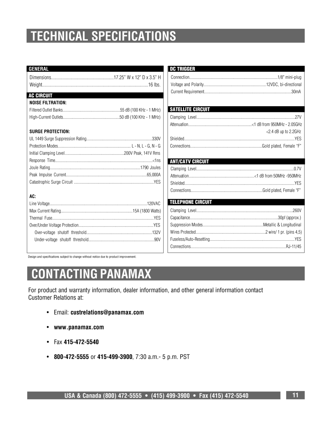 Panamax MAX 5300 owner manual Technical Specifications, Contacting Panamax, Email custrelations@panamax.com Fax 