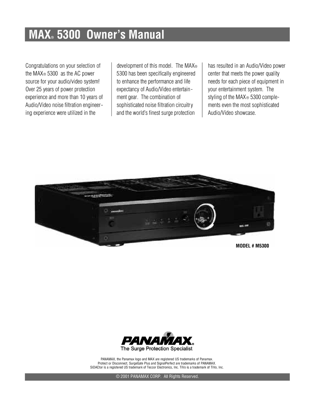 Panamax MAX 5300 owner manual Model # M5300 