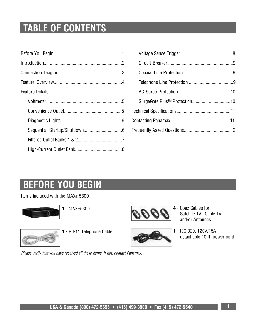 Panamax MAX 5300 owner manual Table of Contents, Before YOU Begin 