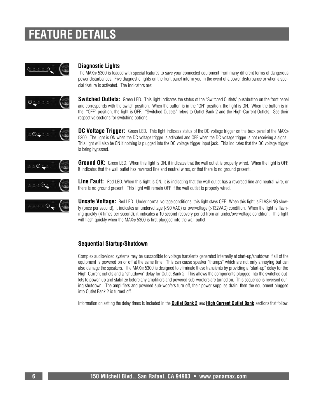 Panamax MAX 5300 owner manual Diagnostic Lights, Sequential Startup/Shutdown 