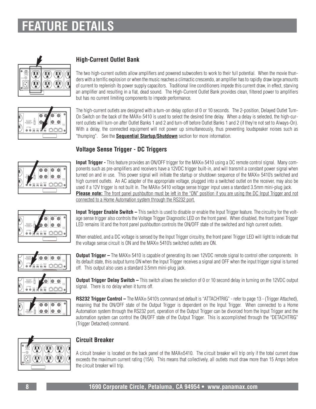 Panamax MAX 5410 owner manual High-Current Outlet Bank, Voltage Sense Trigger DC Triggers, Circuit Breaker 