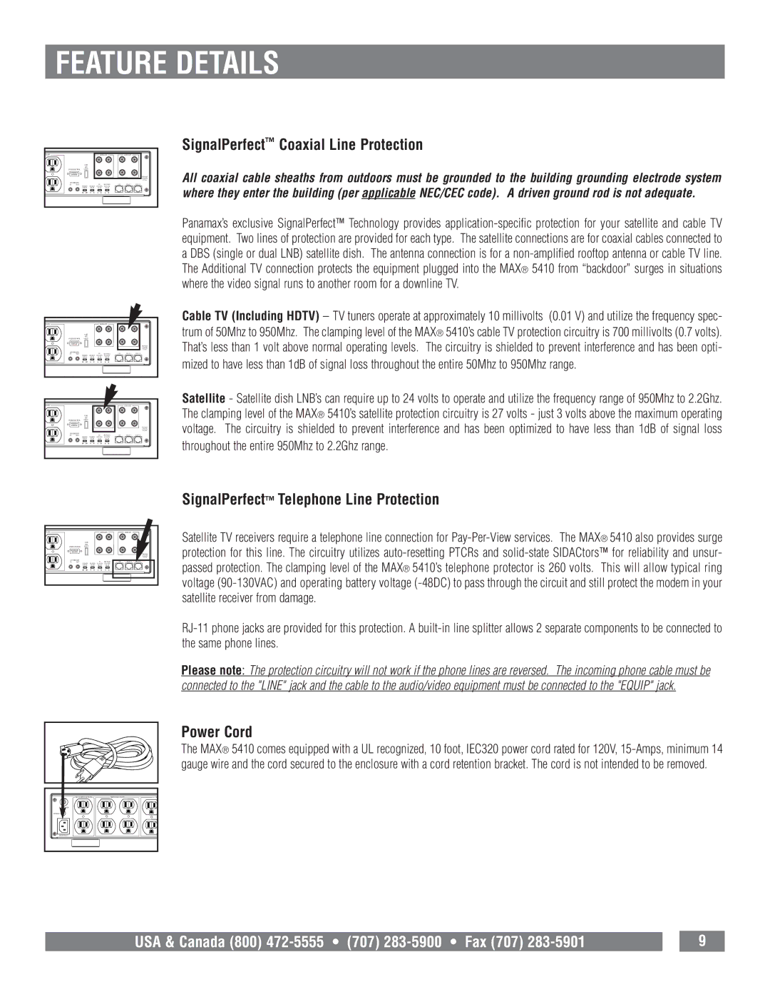 Panamax MAX 5410 owner manual SignalPerfect Coaxial Line Protection, SignalPerfect Telephone Line Protection, Power Cord 