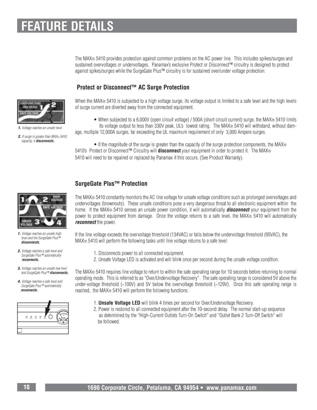 Panamax MAX 5410 owner manual Protect or Disconnect AC Surge Protection, SurgeGate Plus Protection 