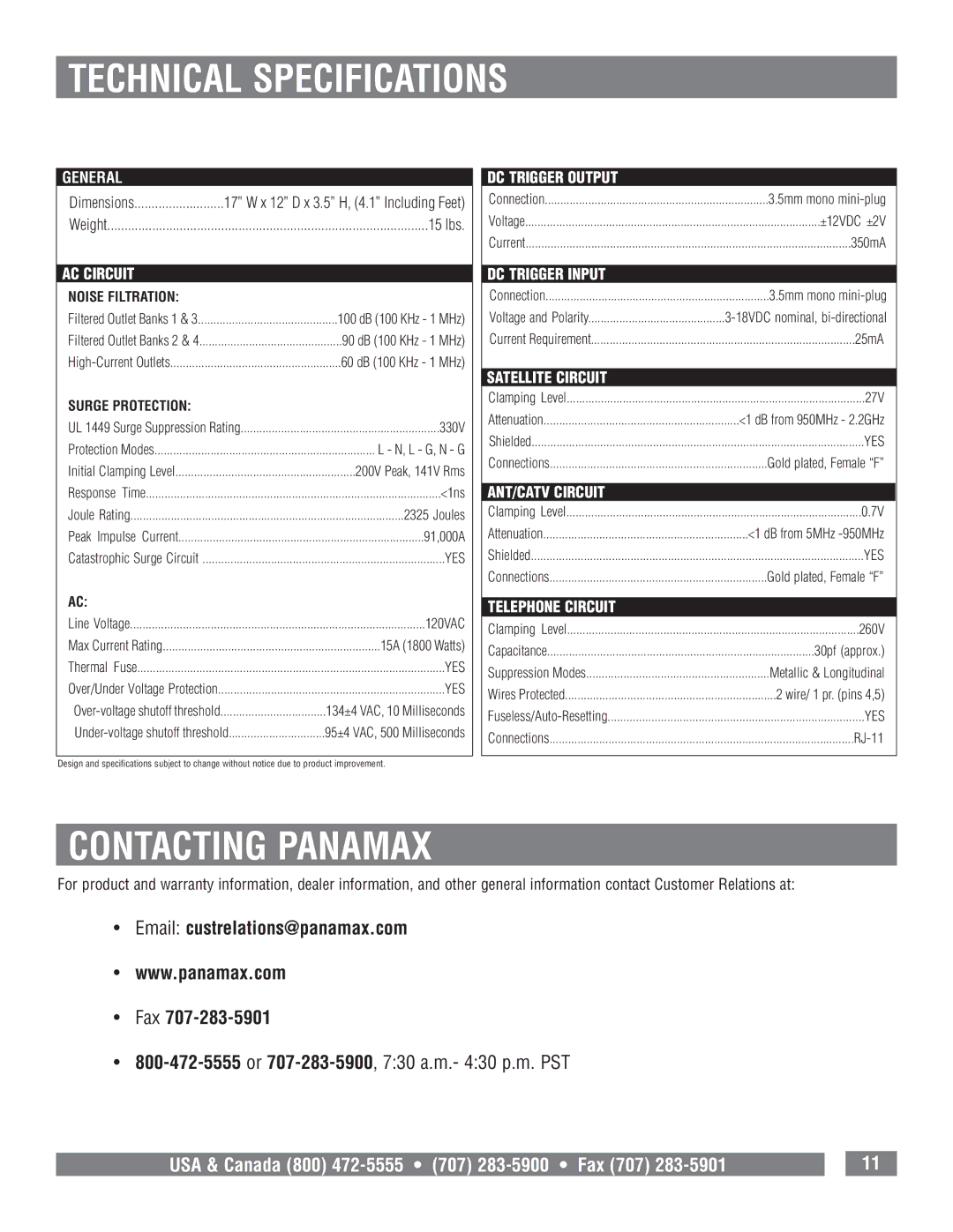 Panamax MAX 5410 owner manual Technical Specifications, Contacting Panamax, Email custrelations@panamax.com Fax 