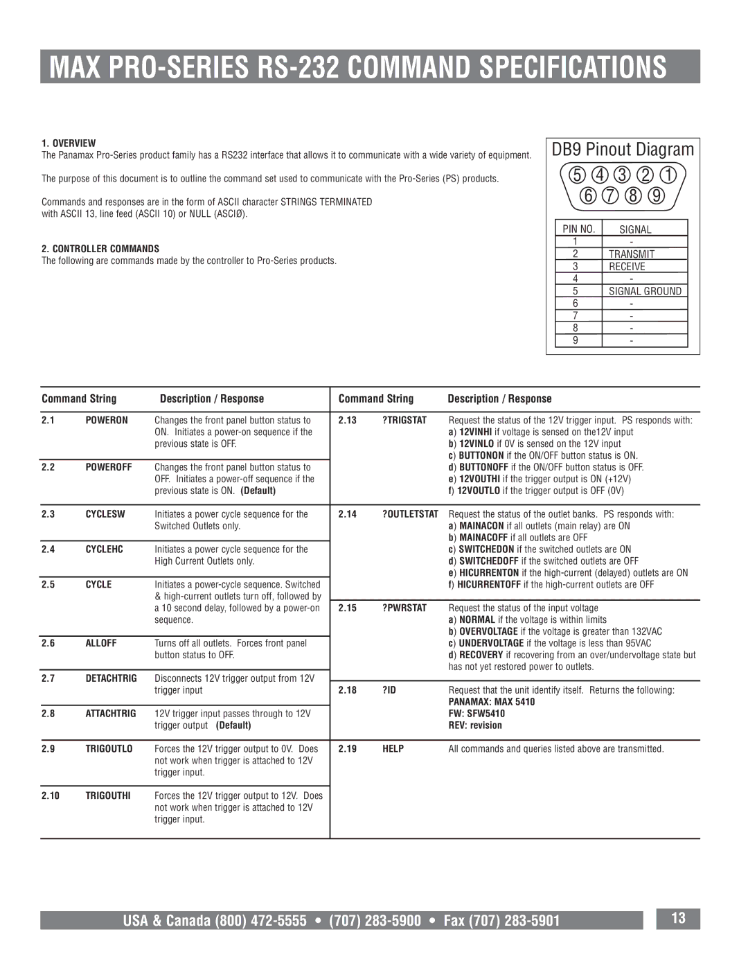 Panamax MAX 5410 owner manual MAX PRO-SERIES RS-232 Command Specifications 