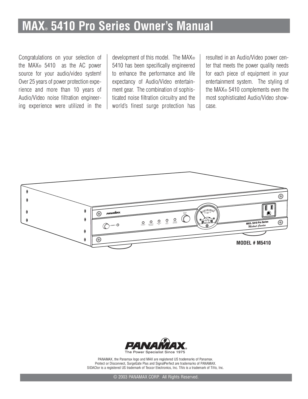 Panamax MAX 5410 owner manual Model # M5410 