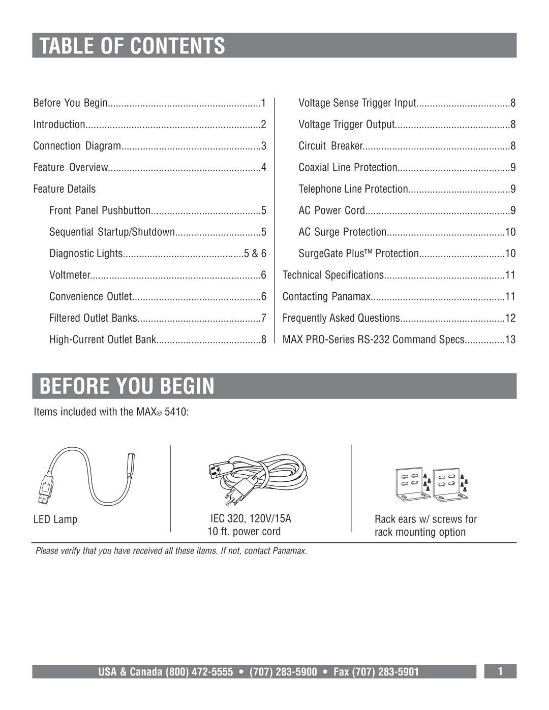 Panamax MAX 5410 owner manual Table of Contents, Before YOU Begin 