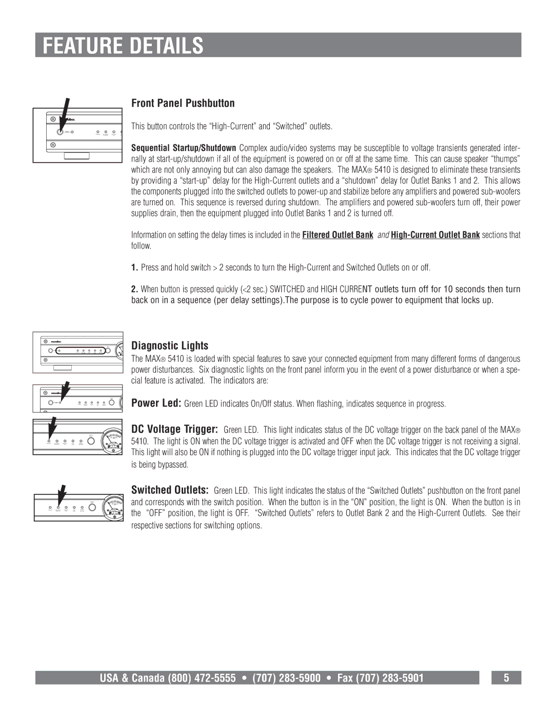 Panamax MAX 5410 owner manual Feature Details, Front Panel Pushbutton, Diagnostic Lights 