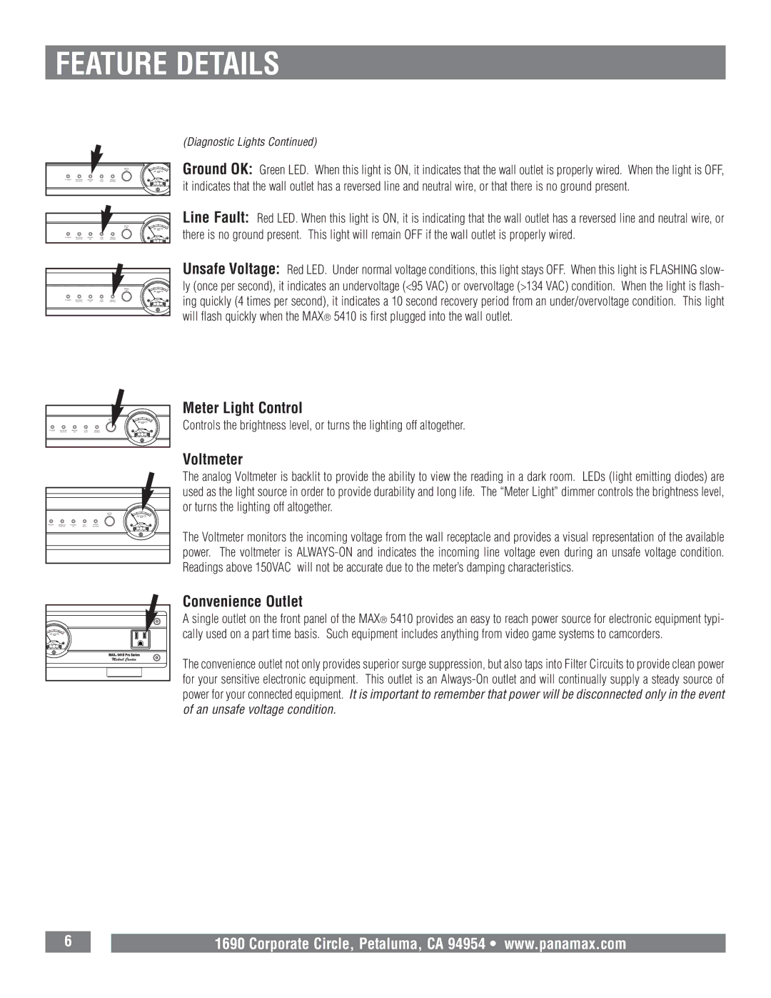 Panamax MAX 5410 owner manual Meter Light Control, Voltmeter, Convenience Outlet 