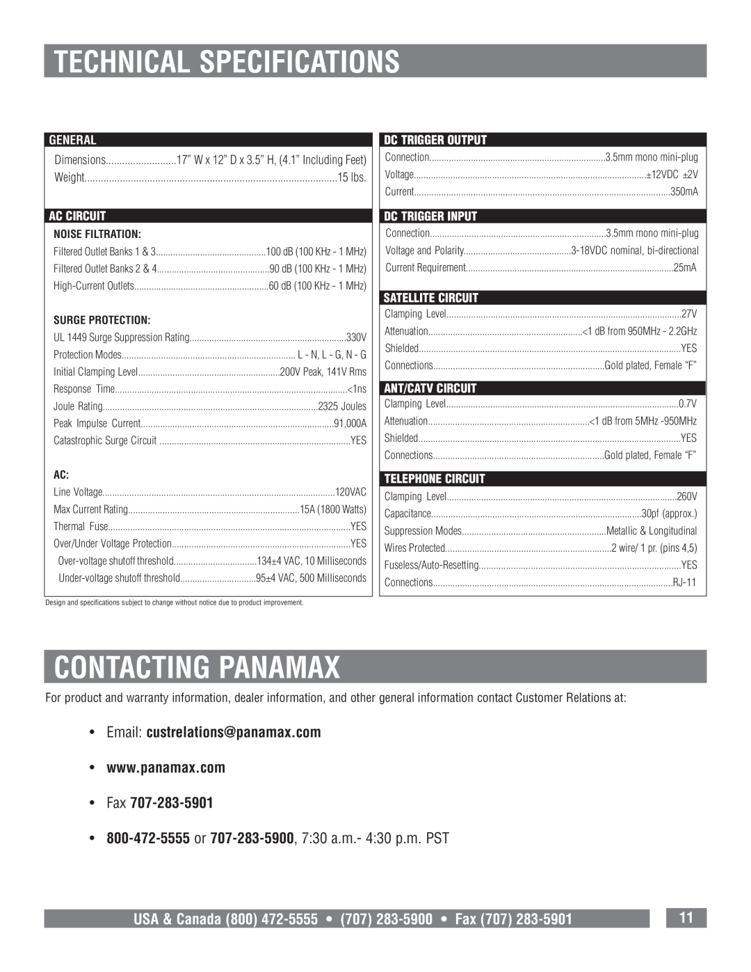Panamax MAX 5410 Technical Specifications, Contacting Panamax, Email custrelations@panamax.com, General, Ac Circuit 