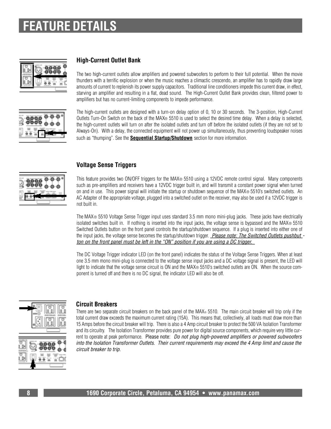 Panamax MAX 5510 owner manual High-Current Outlet Bank, Voltage Sense Triggers, Circuit Breakers 