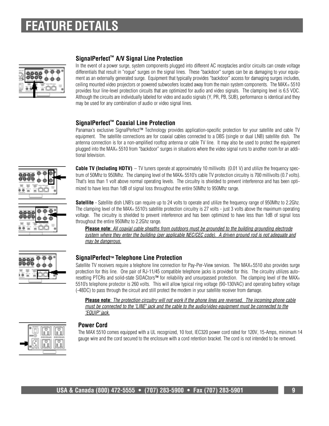 Panamax MAX 5510 owner manual SignalPerfect A/V Signal Line Protection, SignalPerfect Coaxial Line Protection, Power Cord 